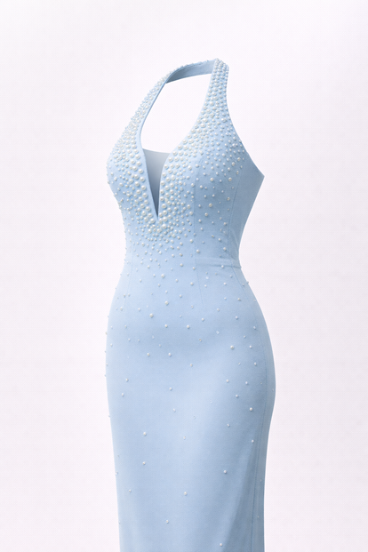 Bebe Mavi Halter Yaka İnci Detay Abiye Elbise